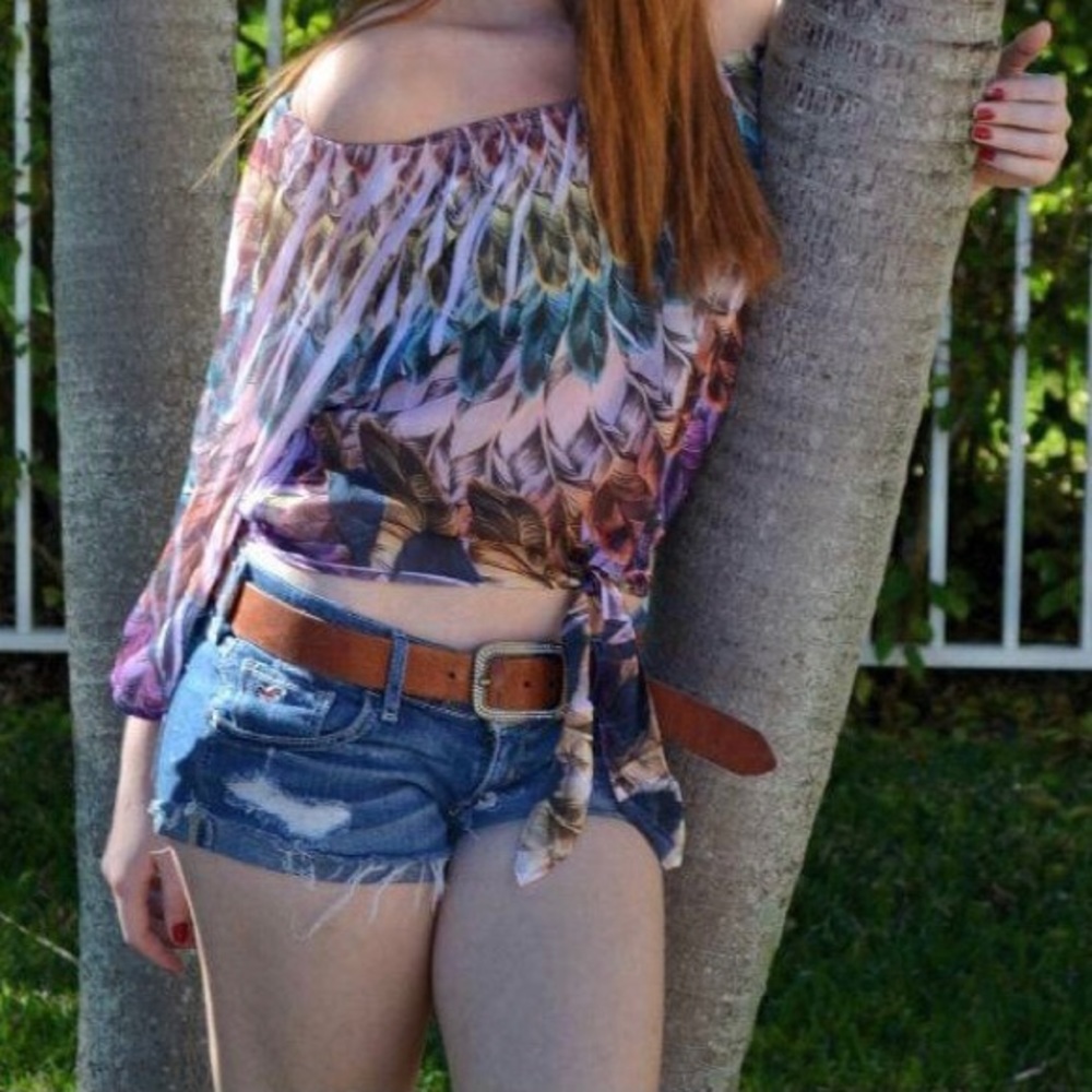 Multicolor Off The Shoulder Long Sleeve Top w/ Tie